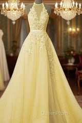 Simple Yellow Lace Evening Prom Dresses With Beading