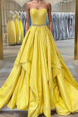 Simple yellow satin long Evening Prom Dresses yellow evening Dresses