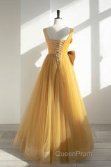 Simple Yellow Tulle Long Evening Prom Dresses, Yellow Tulle Formal Dresses
