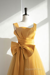Simple Yellow Tulle Long Evening Prom Dresses, Yellow Tulle Formal Dresses