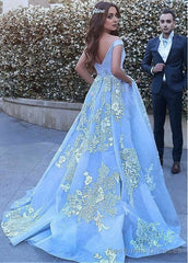 Sky Blue Ball Gown Lace Appliqued Off the Shoulder Quinceanera Dress