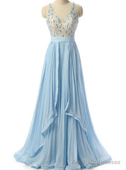 Sky Blue Beaded Prom Dress Formal Women Evening Dresses
