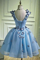 Sky Blue Homecoming Dresses Butterfly Applique Short Evening Prom Dresses