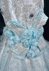 Sky Blue Mermaid Spaghetti Straps Organza Diamond Long Evening Prom Dresses Lace Floral Evening Gown