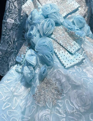 Sky Blue Mermaid Spaghetti Straps Organza Diamond Long Evening Prom Dresses Lace Floral Evening Gown