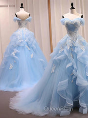 Sky Blue Tulle Ruffles Appliques A Line Evening Prom Dresses