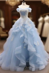 Sky Blue Tulle Ruffles Appliques A Line Evening Prom Dresses