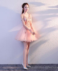 Pink V Neck Tulle Short Prom Dress Homecoming Dress