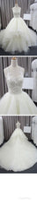 Sleeveless Scoop Yarn Neck Lace Ivory Tulle Asymmetrical Ball Gown Cathedral Train Wedding Dresses,