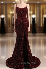 Slim Burgundy Shimmery Open Back Evening Prom Evening Dresses