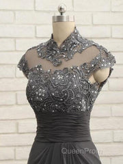 Slim Fit Column Chiffon Lace High Neck Short Sleeved And Floor Length Style Mother Of The Bride Dresses