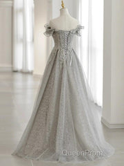 Sliver-Grey Tulle With Sequins Long Party Dresses,A-Line Floor Length Evening Prom Dresses