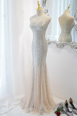 Sliver Sequins Mermaid Straps Long Evening Gown Evening Prom Dresses, Long Party Dresses Formal Dresses