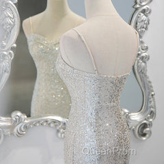 Sliver Sequins Mermaid Straps Long Evening Gown Evening Prom Dresses, Long Party Dresses Formal Dresses