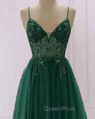 Spaghetti Strap Green A Line Long Evening Prom Dresses V Neck Evening Gown Party Dresses