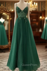 Spaghetti Strap Green A Line Long Evening Prom Dresses V Neck Evening Gown Party Dresses