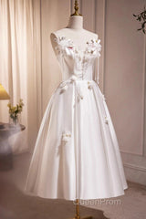 Spaghetti Strap Satin White Floral Short Evening Prom Dresses