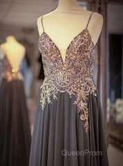 Gray Spaghetti Straps A-line Beaded Long Evening Prom Dresses