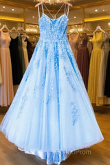 Spaghetti Straps Backless Blue Lace Evening Prom Dresses, Open Back Blue Lace Formal Evening Dresses