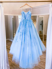 Spaghetti Straps Backless Blue Lace Evening Prom Dresses, Open Back Blue Lace Formal Evening Dresses