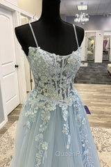 Spaghetti Straps Blue Lace Evening Prom Dresses, Blue Lace Long Formal Evening Dresses