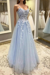 Spaghetti Straps Blue Lace Evening Prom Dresses, Blue Lace Long Formal Evening Dresses