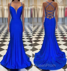 Spaghetti Straps Blue Satin Mermaid Evening Prom Dresses