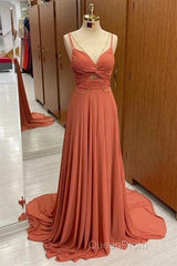Spaghetti-Straps Chiffon Sweetheart Sleeveless A-Line Evening Prom Dresses