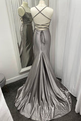 Spaghetti Straps Grey Mermaid Satin Long Evening Prom Dresses