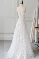 Spaghetti Straps Lace Tulle Floor Length Beads Evening Prom Dresses Wedding Dresses With Flowers