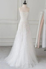 Spaghetti Straps Lace Tulle Floor Length Beads Evening Prom Dresses Wedding Dresses With Flowers