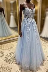 Spaghetti Straps Light Blue Lace Evening Prom Dresses, Light Blue Lace Formal Evening Dresses