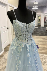 Spaghetti Straps Light Blue Lace Evening Prom Dresses, Light Blue Lace Formal Evening Dresses