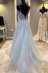 Spaghetti Straps Light Blue Lace Evening Prom Dresses, Light Blue Lace Formal Evening Dresses