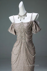 Spaghetti Straps Mermaid Beading Satin Long Evening Prom Dresses Rhinestone Formal Evening Dresses