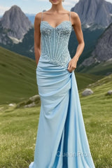 Spaghetti Straps Mermaid Evening Prom Dresses Appliqued Corset Evening Prom Dresses With Split