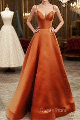 Spaghetti Straps Evening Prom Dresses Long Satin V Neck