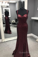 Spaghetti Straps Sweetheart Mermaid Sequins Evening Prom Dresses