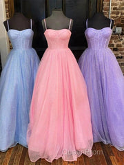 Spaghetti Straps Tulle Purple Bling Bling A Line Evening Prom Dresses