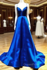 Spaghetti Straps V-Neck A-Line Royal Blue Evening Prom Dresses,
