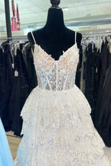 Spaghetti Straps White Layered A-Line Evening Prom Dresses with Sequin