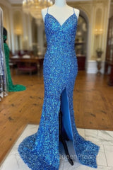 Sparkle Blue Sequin Evening Prom Dresses Iridescent Mermaid Long Formal Dresses Side Slit