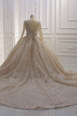 Sparkle Lace Long Sleevess Champange Luxurious corset Wedding Dresses