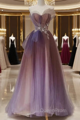 Sparkle Purple Beading Ruffles Tulle Evening Prom Dresses