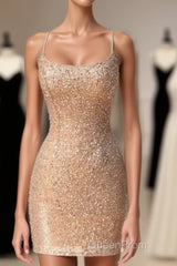 Sparkle Straps Tight Peach Sequins Short Homecoming Dresses