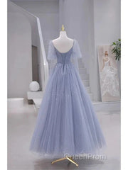 Sparkling Blue Short Sleeves Tulle Long Sweetheart Party Dresses A-Line Blue Evening Prom Dresses