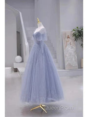 Sparkling Blue Short Sleeves Tulle Long Sweetheart Party Dresses A-Line Blue Evening Prom Dresses