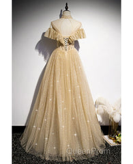 Sparkling Champagne Perspective High Neck Beaded Short Sleeved Ball Dresses Champagne A-Line/Princess Sparkling Sheer Backless Strap And Floor Length Ruffled Edge Evening Dresses