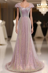 Sparkling Powder Blusher Pink Sequins Off Shoulder Short Sleeve Evening Dresses Powder Blusher Pink Trumpet/Mermaid Open Back Zipper Sweep Tail Evening Prom Dresses