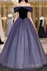 Sparkling Purple Gradient Tulle Off Shoulder A-Line Purple Evening Dresses Evening Prom Dresses Elegant